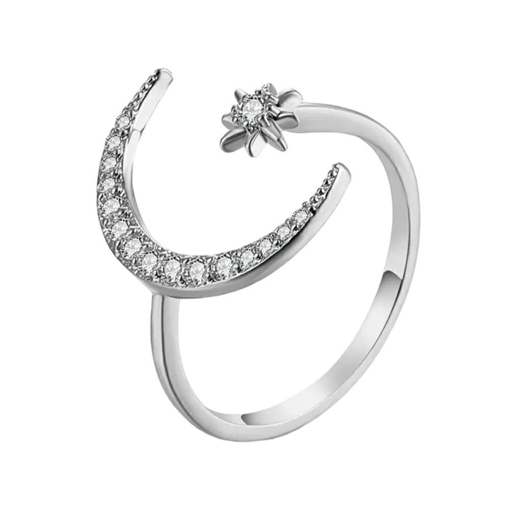 Celestial Crescent Moon Star Silver Tone Crystal Adjustable Ring NWT